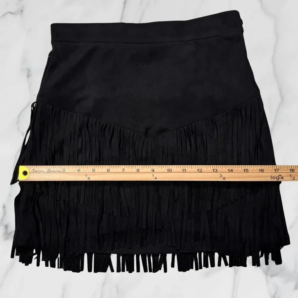 Altar'd State Black Faux Suede Tiered Fringe Western Mini Skirt Size Small